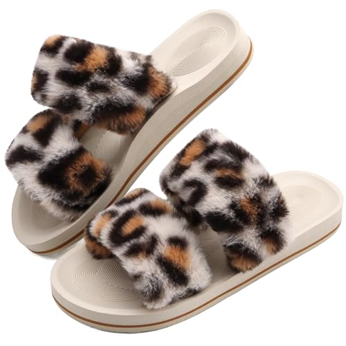 Image of COFACE Fuzzy Slippers for Women Open Toe Orthopedic Slippers Arch Support Fax Fur Slides Plantar Fasciitis Woman House Slippers Indoor