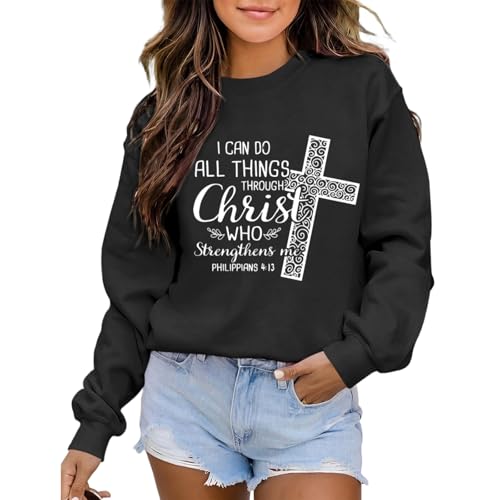 KEEVICI Christian Jesus Sweatshirts For Women Religious Bible Verse Cross Sweatshirt God Hoodie Faith Long Sleeve Shirts(Black,XL)