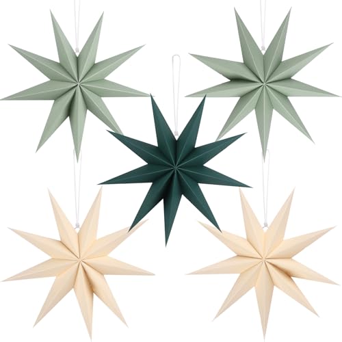 Image of 12 Inches 5 PCS Beige Green Sage Green Paper Star Lanterns Christmas Party Decorations Hanging Stars Christmas Party Decorations Wedding Birthday Christmas Home Party Decorations(9 Pointed)