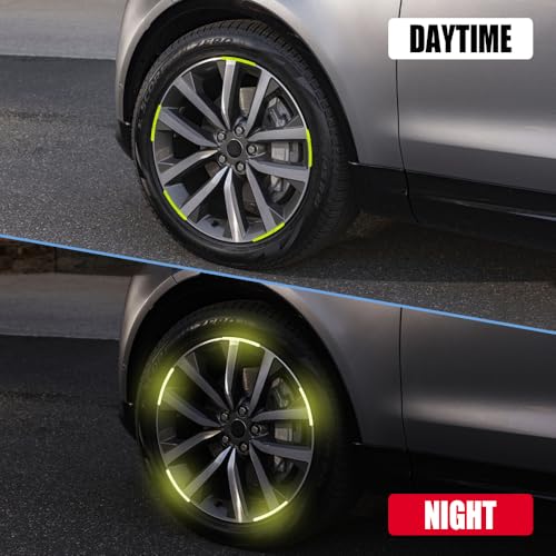 Image of 20PCS Reflective Car Wheel Decorative Stripe Stickers, Car Wheel Decals, Night Safety Warning Car Stickers, Anti-Scratch Reflective Rim Stickers Universal for Cars Motorcycles (Green)