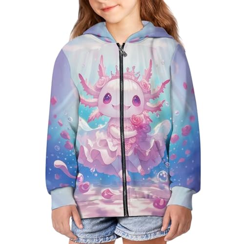 Girls Axolotl Sweatshirts Cute Zip Up Hoodie Graphic Jacket Long Sleeve Hoodies Hooded Sweater Shirts 6Y-16Y
