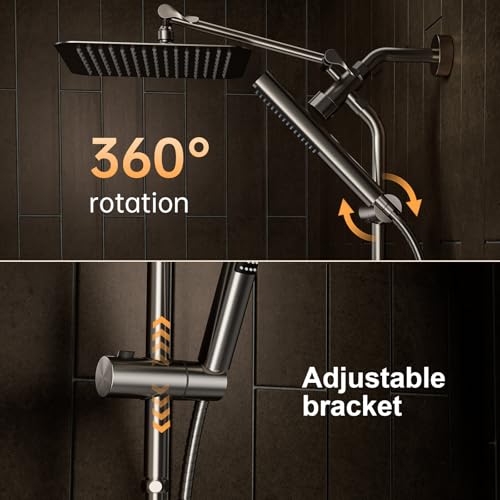 Image of Veken Brushed Nickel Shower Head, 10'' All Metal Rain Shower Heads with Handheld Spray Combo, Hand Held Bathroom Combo with Extension Arm, Dual shower with Power Wash, Adjustable Rainfall Showerhead