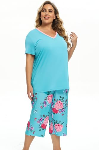 Image of Vozanet Women's Pajamas Set Soft V Neck Sleepwear Top and Capri Pj Lounge Sets Cartoon Heart Shape Cat Nighty Plus Size