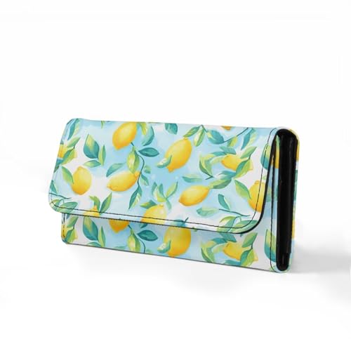 Image of AFPANQZ Leather Wallets for Women, Lemon Print RFID Blocking Checkbook Wallet with Cit Card Slots Phone Holder Zip Pocket, Buckle Closure, Ladies Purse