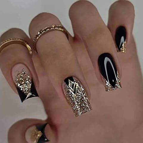 MISUD Medium Square Press on Nails Squoval Fake Nails Black French Tip Artificial Acrylic Nails Glossy Glue on Nails Gold Bling Glitter Stick on False Nails with Design 24 pcs Cover