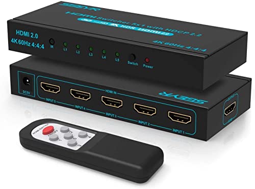 Switch HDMI 2.0 SGEYR 5x1 HDMI Switcher 5 Entrées 1 Sortie Commutateur HDMI Intelligent à 5 Ports Sélecteur HDMI Répartiteur Charge 4K@60Hz HDR 1080P 3D pour HDTV Xbox PS3/4/4 Pro