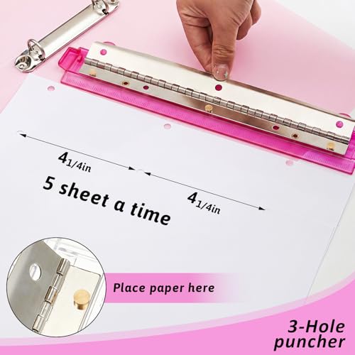 Image of 2 Pcs 3 Hole Puncher for Binder Portable 3 Hole Puncher for Ring Binders with 10 inch Ruler 5 Sheets Capacity for Office and School Supplies (Rose-red)