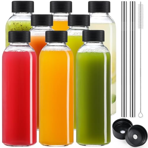 8 Pack 18oz Glass Juice Bottles with Lids and Straws