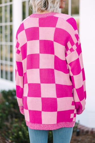 Stylish Long Sleeve Cardigan: Rose Red Checkered Print with Ribbed Trim2