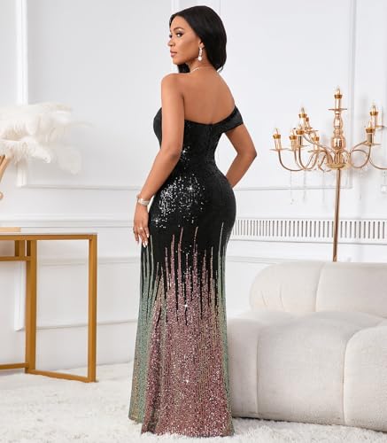 Image of Cololura Women Sexy Sequin One Shoulder Mermaid Formal Party Cocktail Gowns Bodycon Evening Maxi Dress