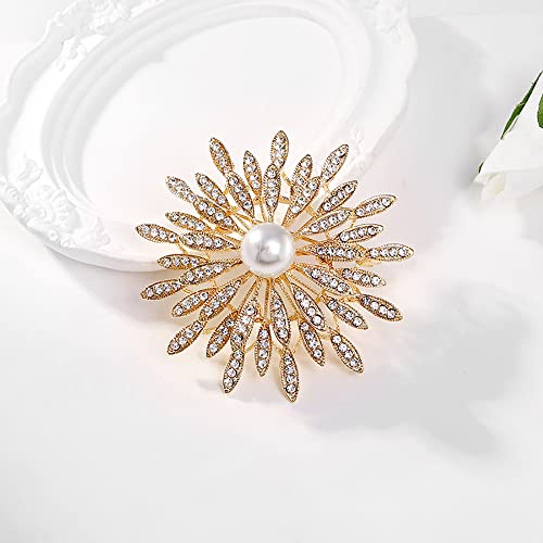 Image of 14K Gold Plated Flower Brooch Pin for Women Girls Simulated Pearl Rhinestone Floral Pin Clip Lapel Sweater Scarves Dress Suit Jackets Collar Corsage Brooches Pins Delicate Decoration Jewelry Gifts