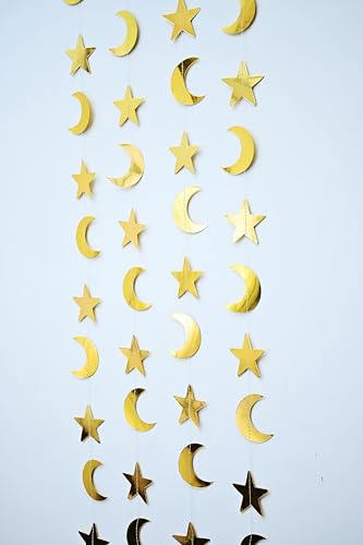 Image of Moon Star Golden Paper Frills Pack of 4 | Ramadan Eid Umrah Mubarak Hanging Decoration | 110 cm Long Festive Wall & Ceiling Decor Garland
