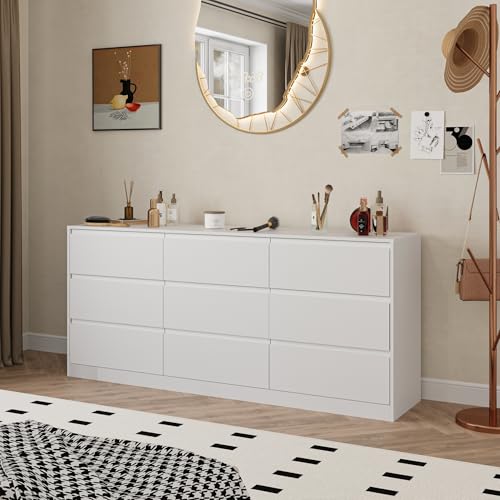 Image of Bobve 70.9 inch Dresser for Bedroom with 9 Drawers, Large Modern Chest of Drawers with Deep Drawers, Wide Double Dresser Handle Free, Storage Organizer for Bedroom, Living Room, Hallway (White)