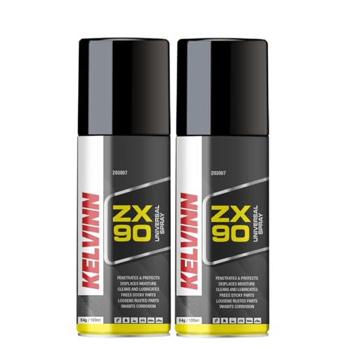 Image of KELVINN ZX90 Universal Spray Pack of 2 100ml Each 200ml Total, Multi Purpose Lubricant Rust Remover Metal Cleaner Surface Protector, Stops Squeaks Frees Stuck Parts for Home Automotive Industrial Use