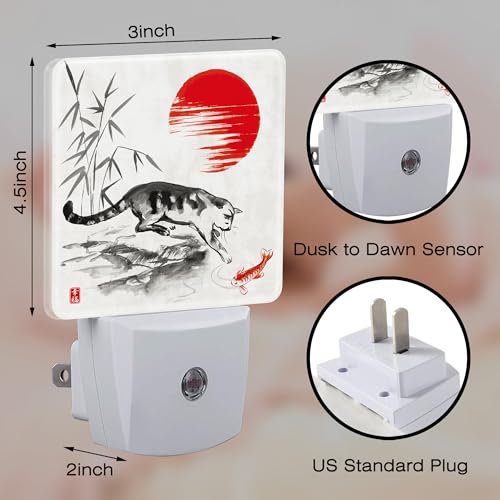 Image of Watercolor Cat and Koi Fish Night Light, Red Sun Bamboo Ink Painting Dusk to Dawn Night Light Plug in,0.5w Energy Saving Sleep Friendly NightLight for Kids Boys Girls Home Decor