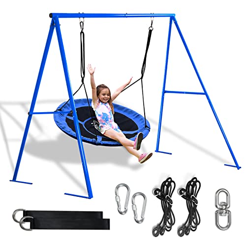 440lbs Swing Set-43” Saucer Tree Swing&71” High A Frame Swing Stand Heavy Duty,All Weather Resistance,Durable&Sturdy Textiline &Powder-Coated Tubes,Suit Kids Backyard Outdoor (Blue)