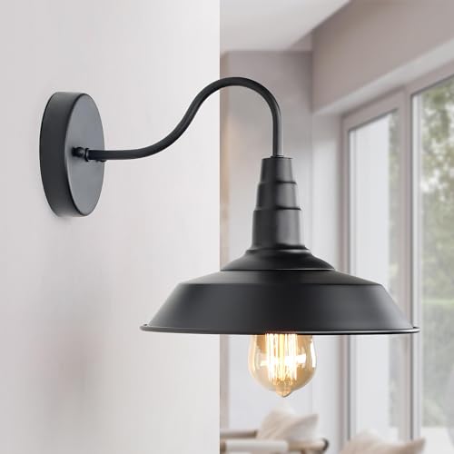 Image of LALUZ Farmhouse Black Wall Sconces, Modern Industrial Barn Gooseneck Wall Mount Light Fixture Lighting for Bedroom, Kitchen, Living Room, Bathroom, and Hallway