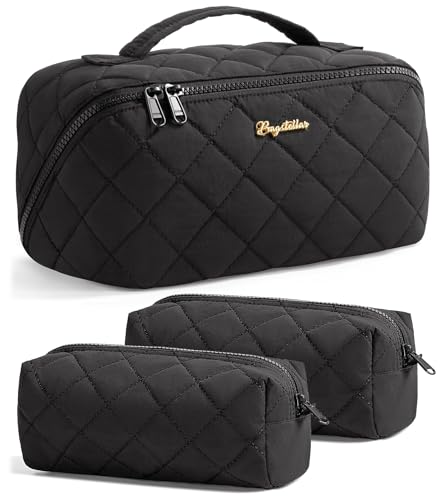 Image of Travel Makeup Bag, Large Capacity Puffy Toiletry & Cosmetic Bag for Women | 3 PCS Open Flat Quilted Makeup Cosmetic Organizer, Waterproof w /Clear Divider Portable Pouch for Skincare Travel Essentials