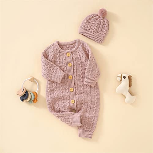 Toddler Knit Jumpsuits with Hat Button Down Crochet Ribbed Plain Sweater Rompers Baby Infant Thick Warm Bodysuits4