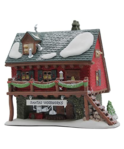 North Pole Village Santa's Woodworks Red Cottage Glass Tabletop Building Sculpture