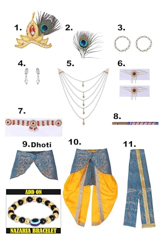 Image of Krishna Dress for Kids, Baby Krishna Dress for Janmashtami with Krishna Mukut, Peacock Feather & Flute Embroidered Krishna Costume for Girl & Boy, 3 Months-8 Years