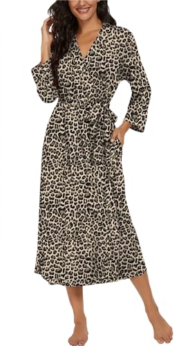 Image of VINTATRE Robes for Women Long Knit Bathrobe XS-4XL | 3 /4 Sleeve Bathrobes with Pockets, Stretchy and Lightweight Fabric, Inner Tie and Fixed Outer Belt, Mid Calf Length