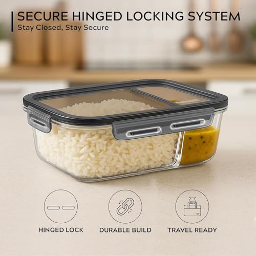 Image of Home Puff Borosilicate Glass Lunch Box 965ml with 2 Compartments & Lunch Bag | Airtight BPA-Free Leak-Proof Lid| Microwave, Freezer & Dishwasher Safe Glass Bento Tiffin Box for Office, College, School