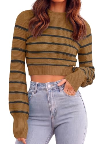 Image of Womens Sexy Crew Neck Cropped Sweaters Knit Long Sleeve Crop Tops Pullover