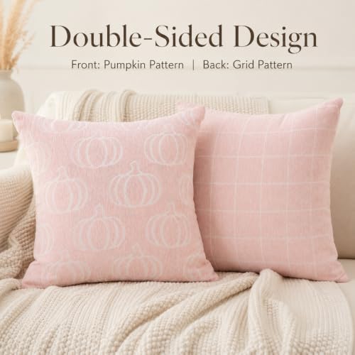 Image of Fall Pumpkin Chenille Pillow Covers,Autumn Decor (Pink,20x20) | Double-sided pumpkin and plaid designs, thick chenille texture, hidden zipper, for couch, sofa, bed, farmhouse autumn decor