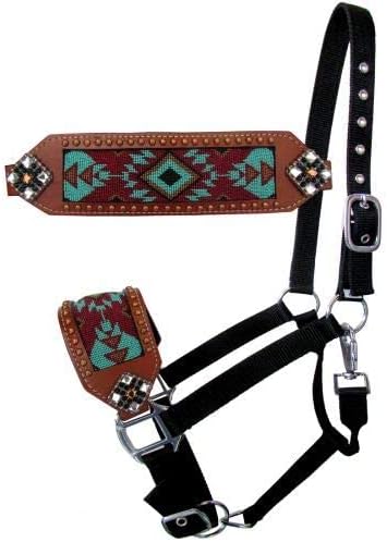 Showman Bronc Halter w/Turquoise & Burgundy Beaded Navajo Design