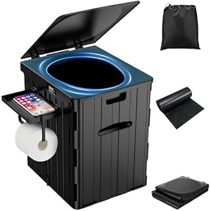 WADEO Tragbare Campingtoilette 38L, Stabile Falttoilette mit Tragkraft bis zu 200kg, Mobiltoilette Faltbares Töpchen mit abnehmbarem Papier- und Telefonhalter und 12 Stück Toilettenbeuteln (Schwarz)
