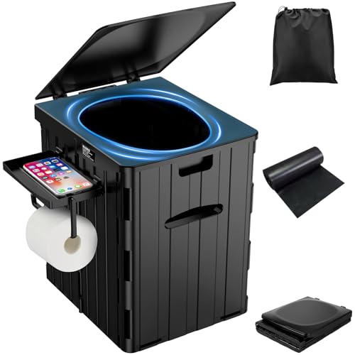 WADEO Inodoro portátil para acampar, inodoro plegable para exteriores o interiores con tapa, inodoro móvil para acampar con soporte de papel higiénico extraíble y bandeja para teléfono móvil