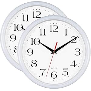 Bernhard Products White Wall Clocks 10 Inch, Set of 2 Silent Non Ticking Quality Quartz Battery Operated Round Easy to Read Home/Office/Kitchen/School Classroom Clock