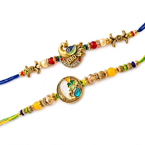 Rakhi tradicional de pavo real artesanal con cuentas y elegante hilo duradero