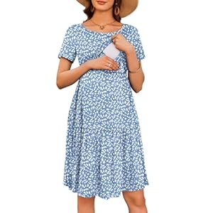 Ekouaer Nursing Dress Summer Short Sleeve Breastfeeding Casual Knee Length Maternity Dresses S-XXL