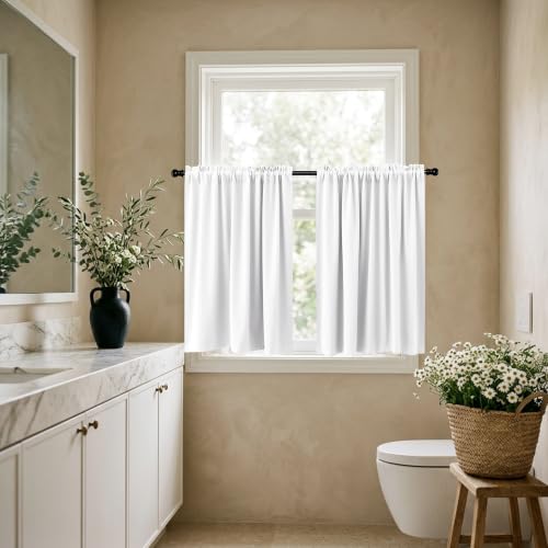 Image of KOUFALL Small Window Curtains White Short 36 Inch Length Semi Blackout for Kitchen Bathroom Door Laundry Room