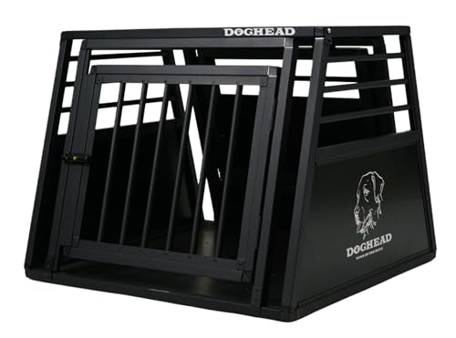 DOGHEAD Hundetransportbox Proline, Single 80x75x63 cm, Schwarz, Aluminium, Beidseitig Abgeschrägt 75°, mit Notausstieg