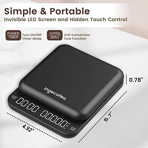 Digital Coffee Scale With Timer, Ingecafea Espresso Coffee Scale With Timer Coffee Weight Scale 3Kg/0.1G Rechargeable Pour Over Coffee Scale Measures For G/Oz/Ml High Precision #TOP4
