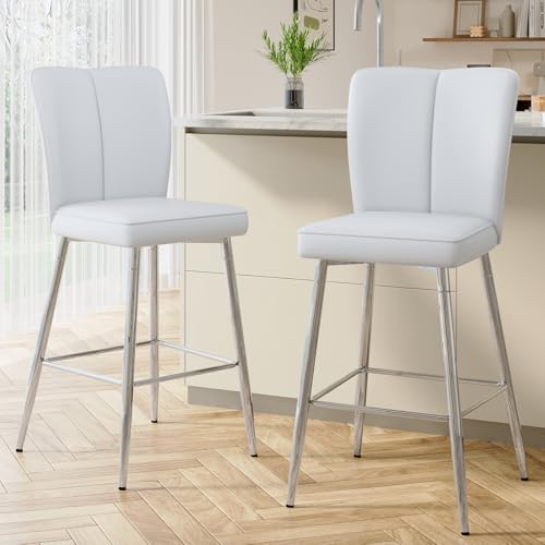 Image of Counter Height Bar Stools Set of 2,27''Kitchen Island Stools with Back,White Barstools with Sturdy Metal Legs,Modern Bar Stools Ideal for Kitchen Island Pub Cafe(Faux Leather-White)