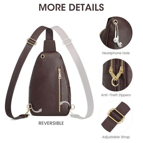 Image of Kattee Sling Bag for Women, Leather Crossbody Bag for Travel, Coffee | Top Grain Pebbled Leather. RFID back pocket, small chest bag fit 6.9-inch phone, fanny pack with adjustable strap.