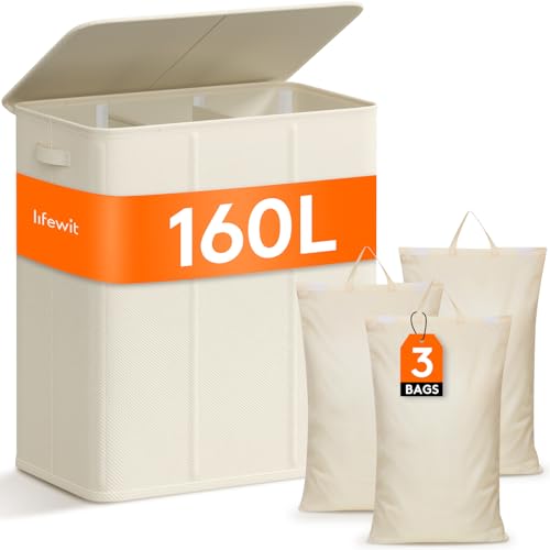 Lifewit 160L Extra Large Laundry Hamper with Lid, Laundry Basket 3 Section with Removable Washing Bags, Divided 3 Compartments Laundry Sorter Organizer for Bedroom Bathroom Laundry Room, White