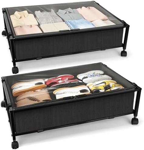 Under Bed Storage with Wheels and Lid, Rolling Under Bed Drawers for Clothes, Shoes, Blankets, Toys (Black)