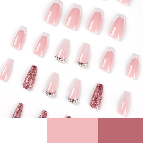 Qingge Ombre Pink Press On Nails Medium Length Coffin Fake Nails With French Glitter Design Luxury Glossy Acrylic Nails Stick On Nails Tips Glue On Nails False Nails For Women 24Pcs #TOP3