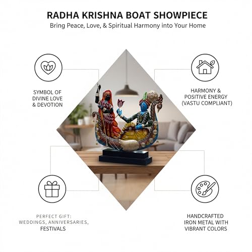 Image of KRAFTSKALA Radha Krishna Boat Showpiece for Home Decor | Iron Metal Decorative Idol with Wooden Base | 15 Inch Spiritual Statue for Living Room, Bedroom, Temple & Gifting