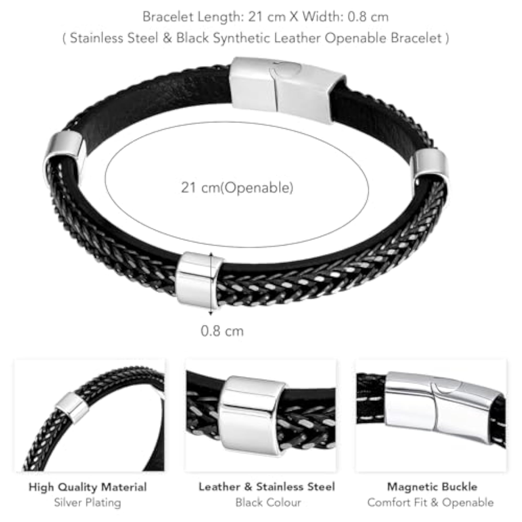Stainless Steel Black Leather Stylish Bracelet for Men & Boys