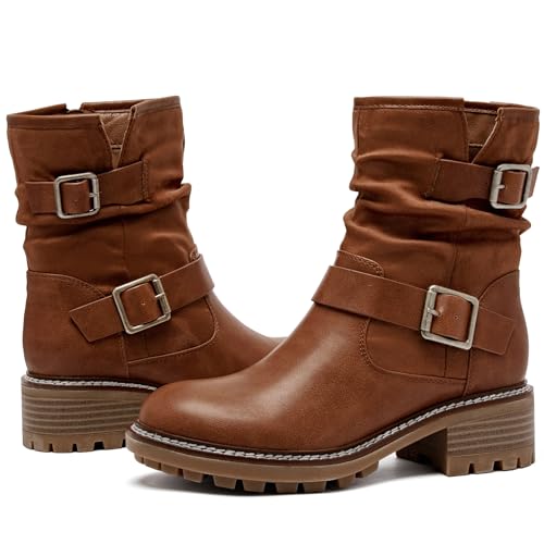 Ankle Boots for Women Combat Boots Low Heel Short Booties Round Toe Side Zipper Womens Boots. 6 Black Bmf 303