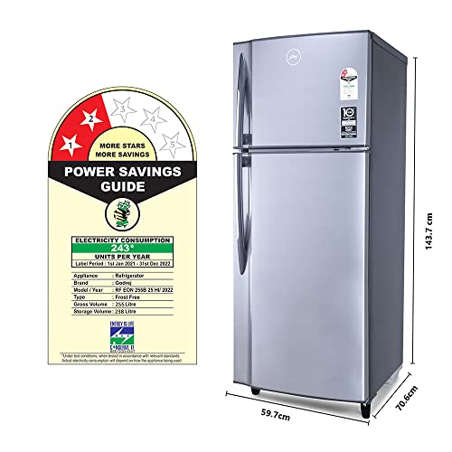 Image of Godrej 255 L 2 Star Inverter Frost-Free Double Door Refrigerator Appliance with Jumbo Vegetable Tray (RF EON 255B 25 HI TH ST, Thunder Steel, 2022 Model)