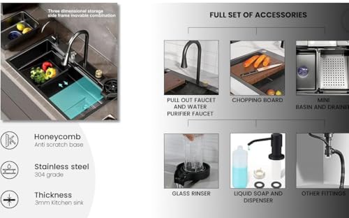 Image of ARQUIN Kitchen Sink 30 inchx18 inchx9 inch Inch Waterfall Kitchen Sink Premium Stainless Steel with Anti Scratch Honeycomb Design Integrated Pull-down Faucet with Cup Washer & Drain Basket
