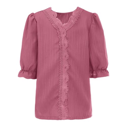 Girls V Neck Lace Trim Elegant Blouse Kids Puff Short Sleeve Basic Solid Tops Summer Dressy Loose Hollow Trendy Teen Tops2