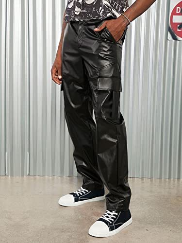 WDIRARA Men's High Waist Button Pu Leather Party Club Long Pants with Pockets3